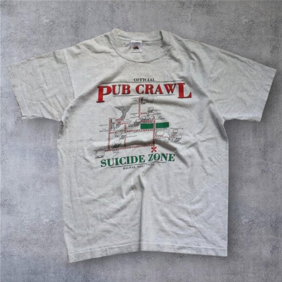 White/Gray 90s Halifax Suicide Zone Pub Crawl Tee – Large - Picture 1 of 5